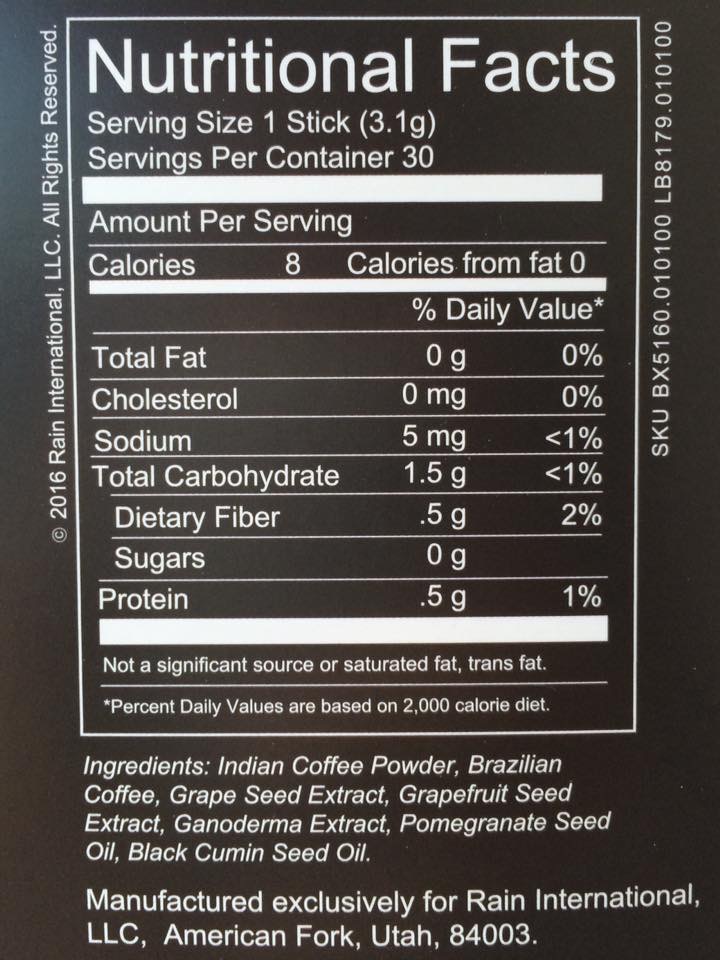 rain fused coffee ingredients nutritional facts
